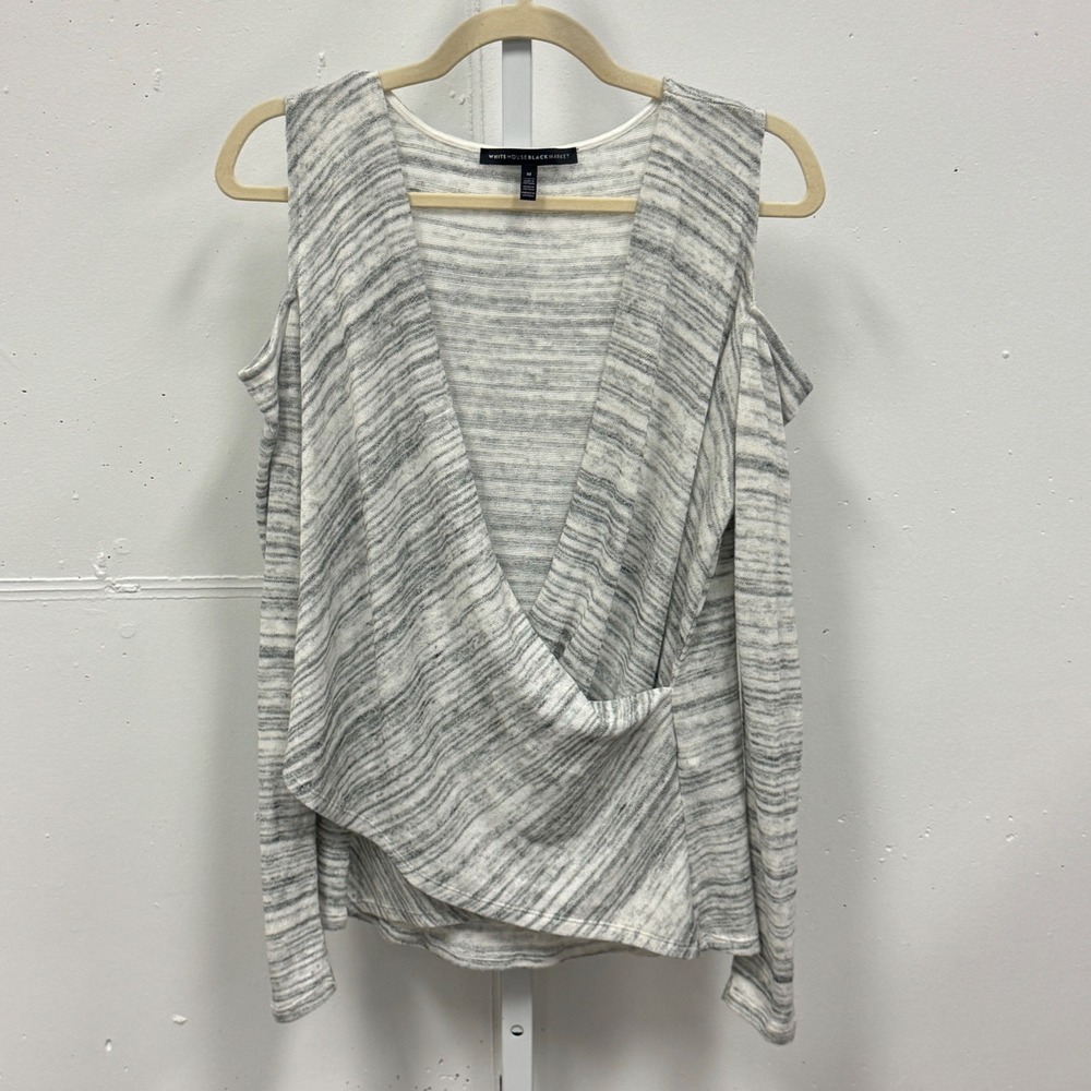 White House Black Market Grey Space Dye Cold Shoulder Wrap Top Medium 2010s Soft
